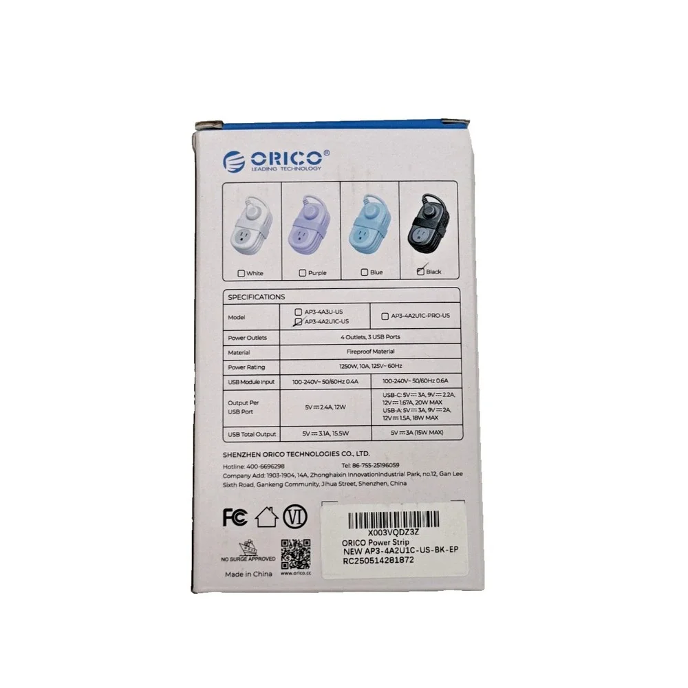 Orico‎ Travel Power Strip Black; 4 outlets/3 USB ports; 1250W; NWT